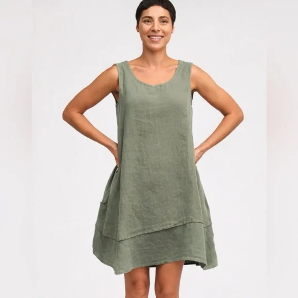 Cut Loose Linen Asym Tunic Dress M Sage Green Sleeveless Pocket Tiered Lagenlook - Picture 4 of 17